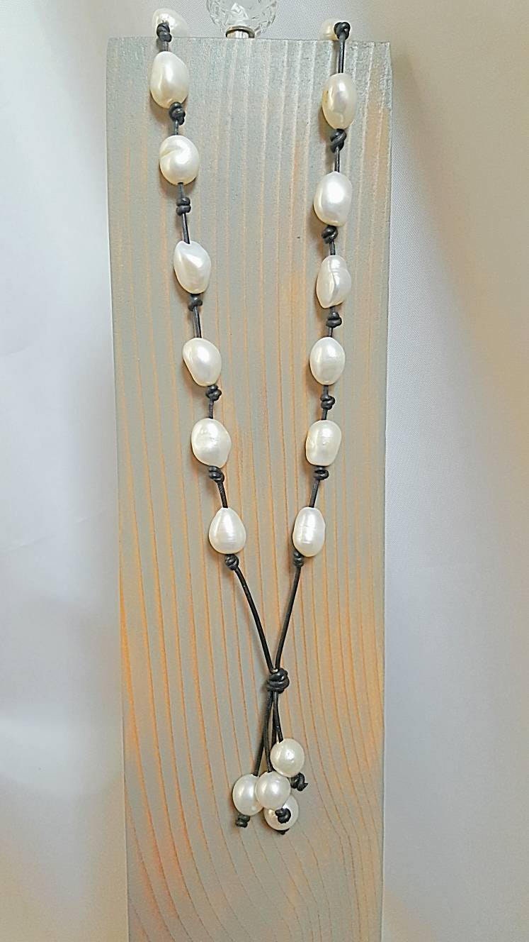 Baroque pearls knotted on Leather necklace, 3rd anniversary gift