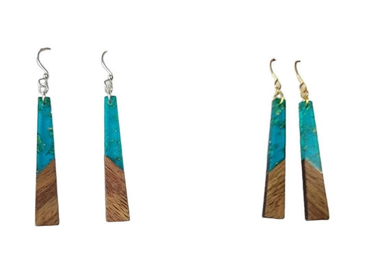 Long Wood Green Resin light weight earrings, hypoallergenic ear wires, Mother&#39;s day gift from kids