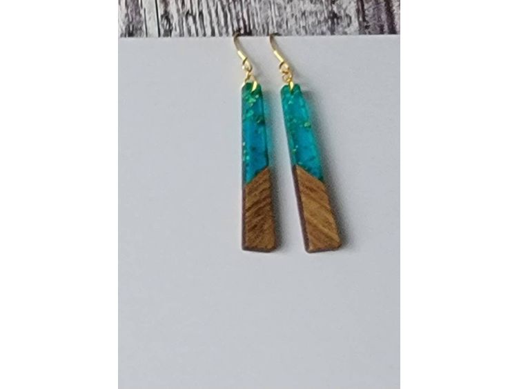 Long Wood Green Resin light weight earrings, hypoallergenic ear wires, Mother&#39;s day gift from kids