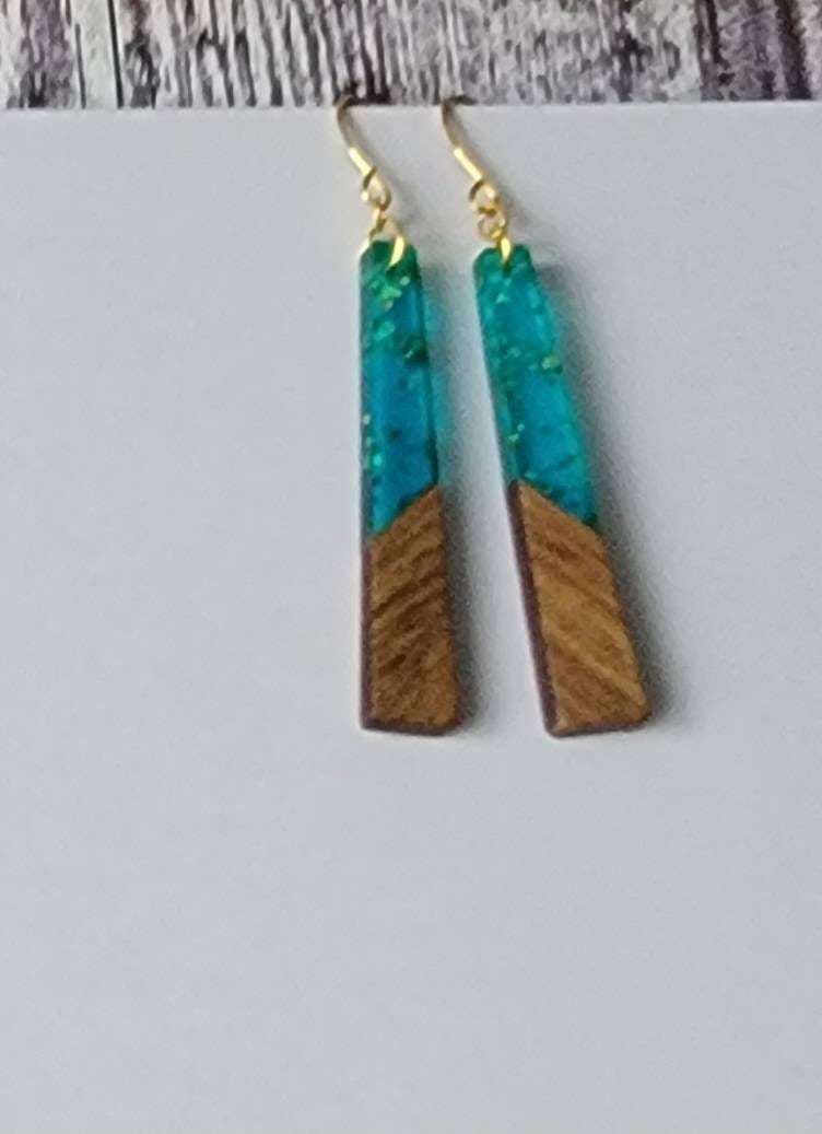 Long Wood Green Resin light weight earrings, hypoallergenic ear wires, Mother's day gift from kids