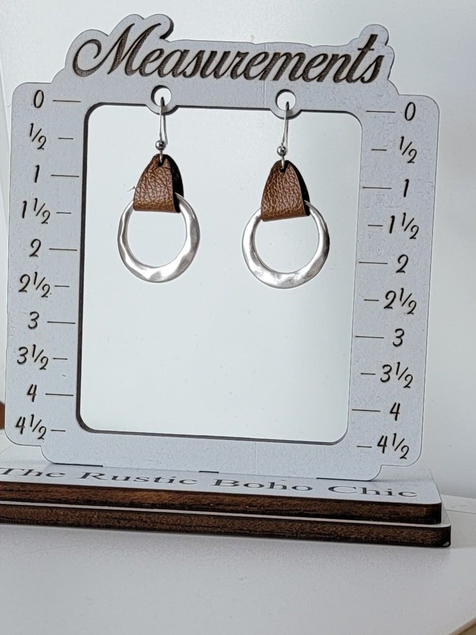 Hammered Hoop Dangly Earrings, Brown Leather Jewelry, 3rd Anniversary Gift for Wife