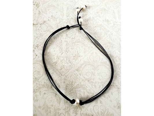 Triple Strand Leather White Freshwater Pearl necklace