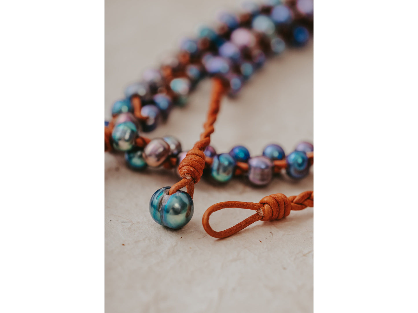 Black Leather Braided Necklace: Peacock Pearl Statement Jewelry