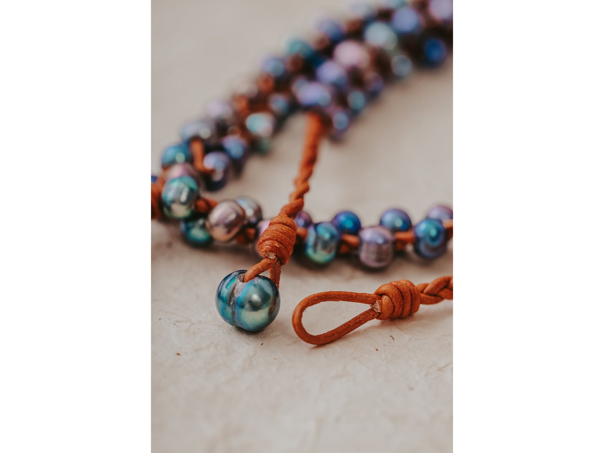 Black Leather Braided Necklace: Peacock Pearl Statement Jewelry