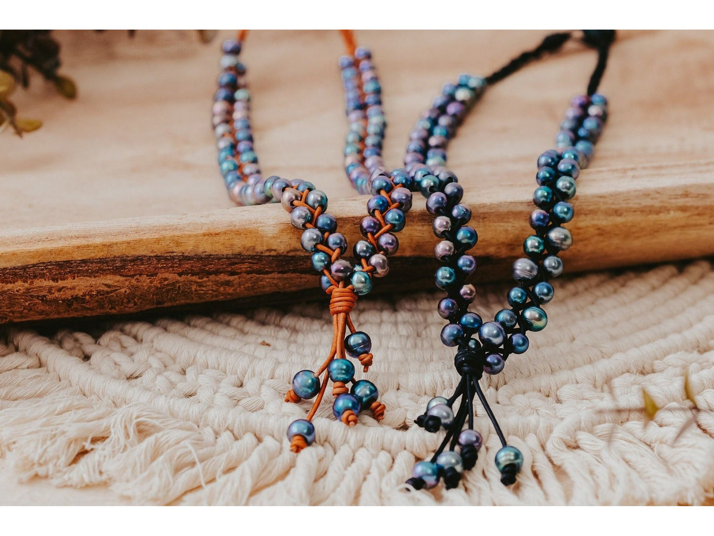 Black Leather Braided Necklace: Peacock Pearl Statement Jewelry