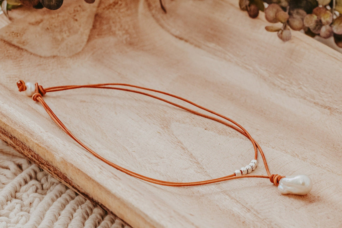 Large Baroque Flameball Pearl Leather Necklace: Silver Accent Beads