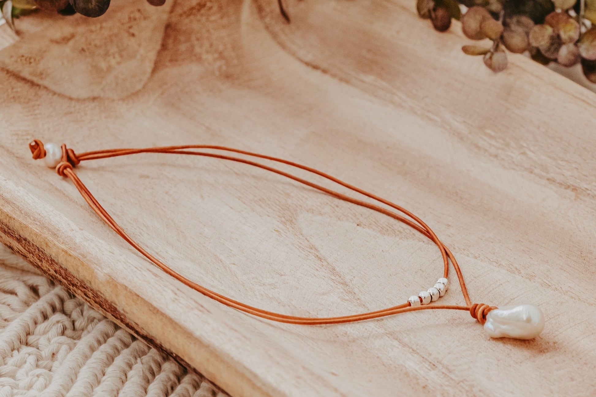 Large Baroque Flameball Pearl Leather Necklace: Silver Accent Beads