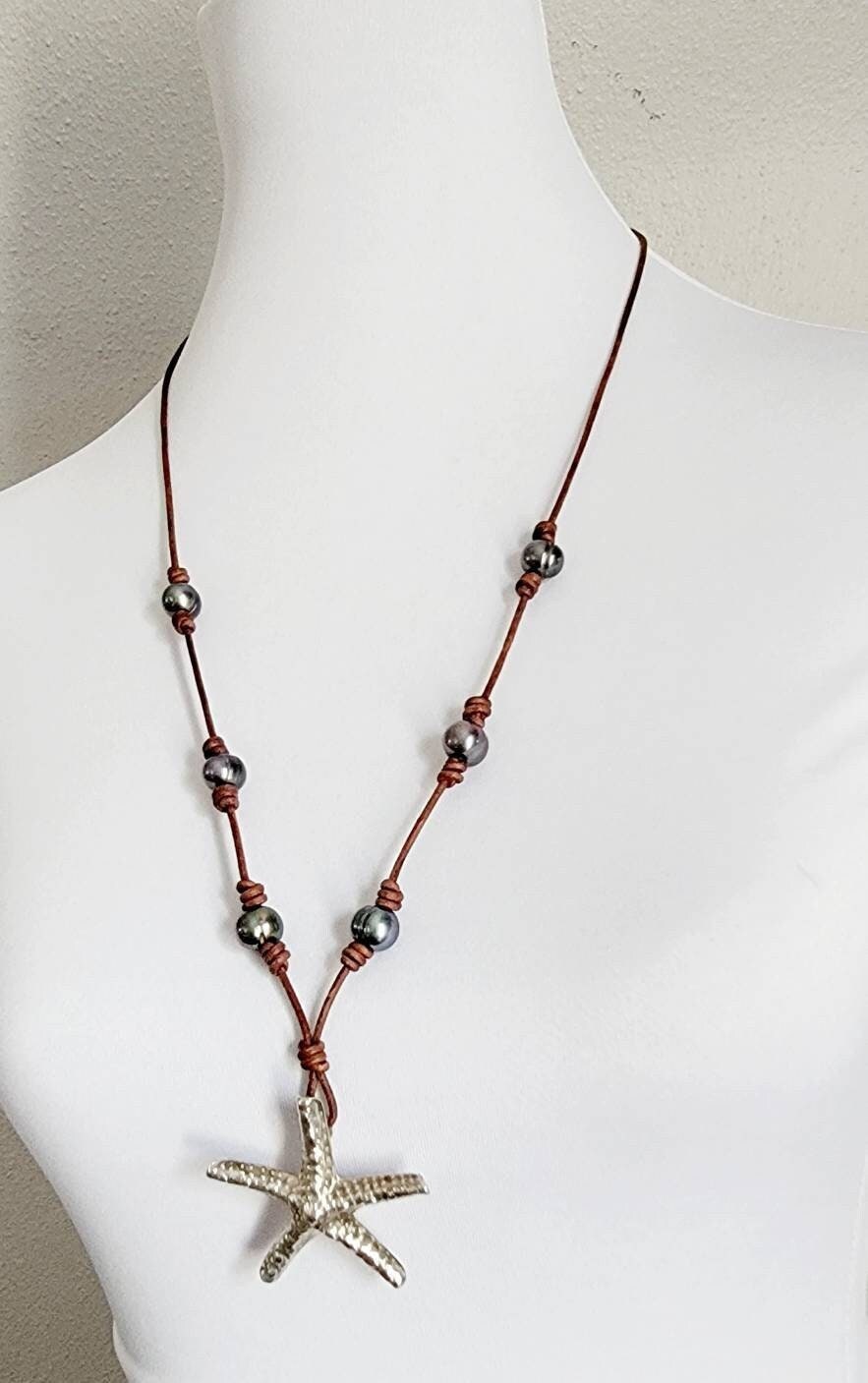 Leather Pearl Necklace: Sterling Silver Starfish Pendant, Adjustable Length