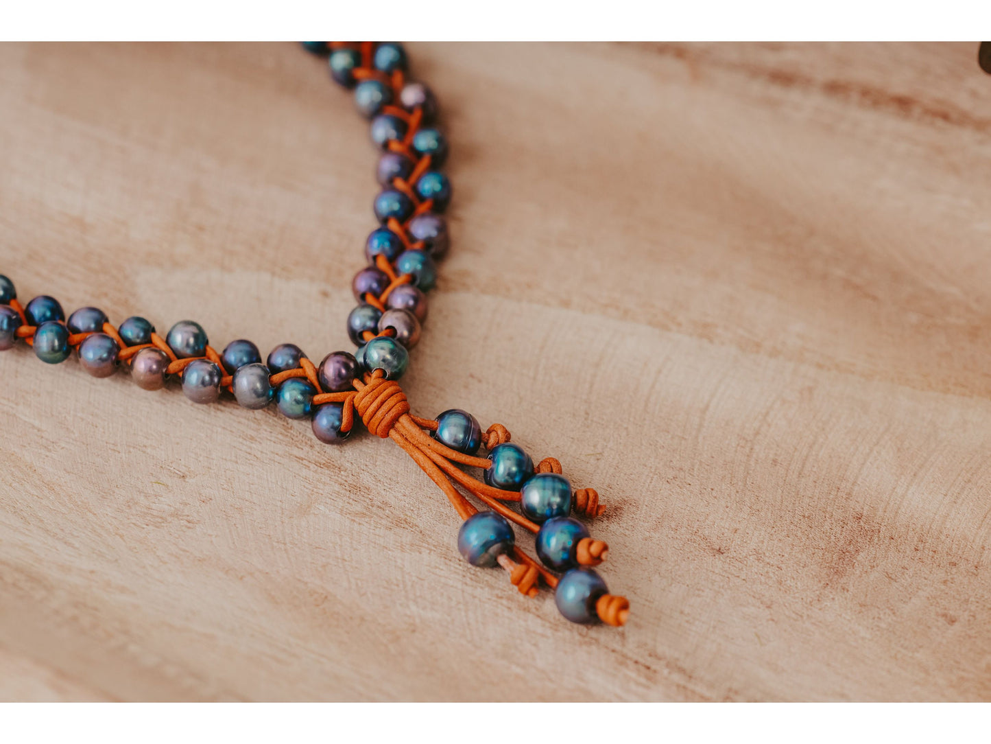 Black Leather Braided Necklace: Peacock Pearl Statement Jewelry