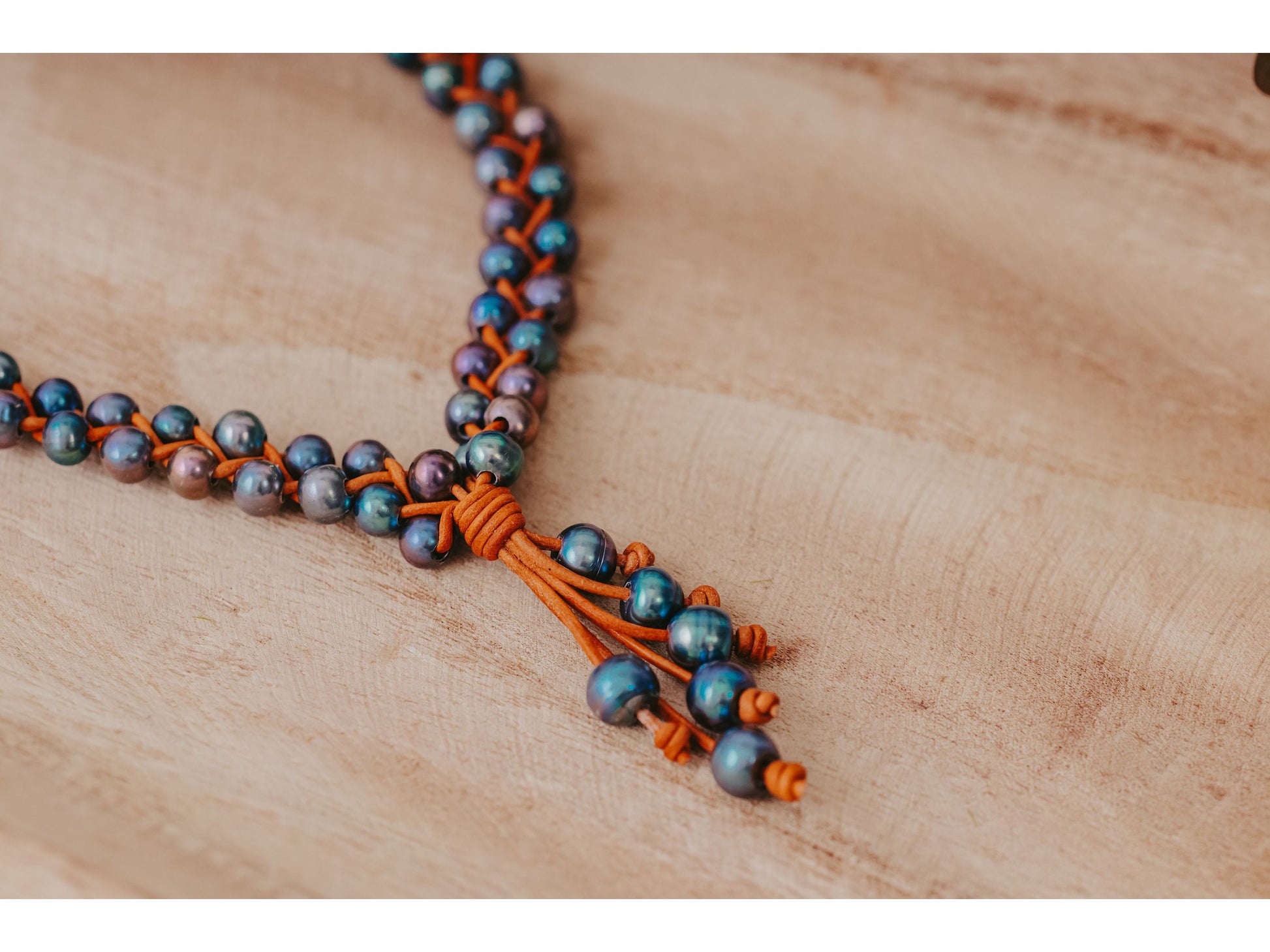Black Leather Braided Necklace: Peacock Pearl Statement Jewelry
