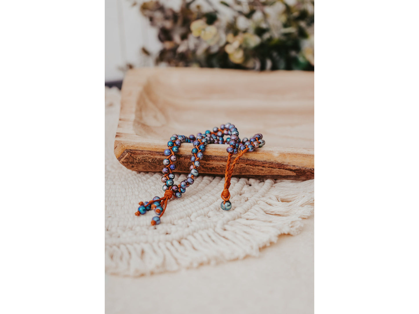 Black Leather Braided Necklace: Peacock Pearl Statement Jewelry