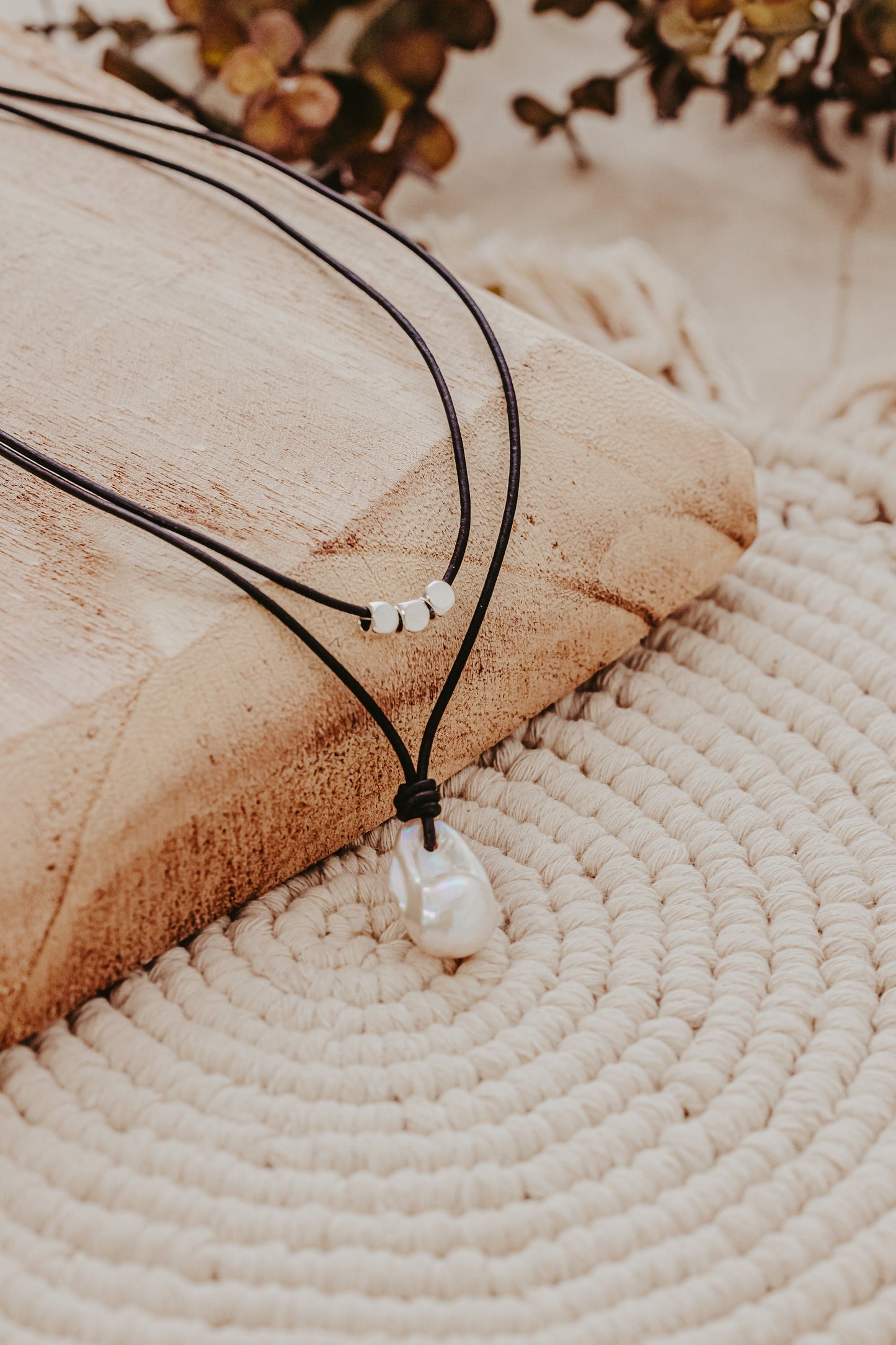 Large Baroque Flameball Pearl Leather Necklace: Silver Accent Beads