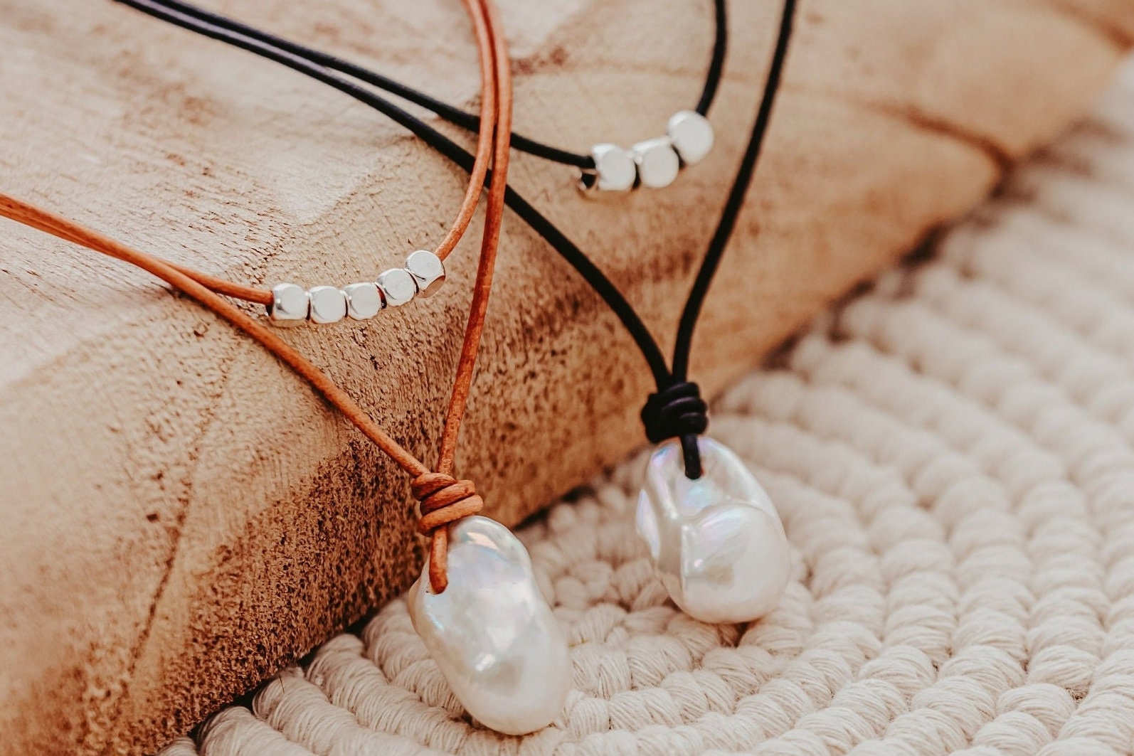 Large Baroque Flameball Pearl Leather Necklace: Silver Accent Beads