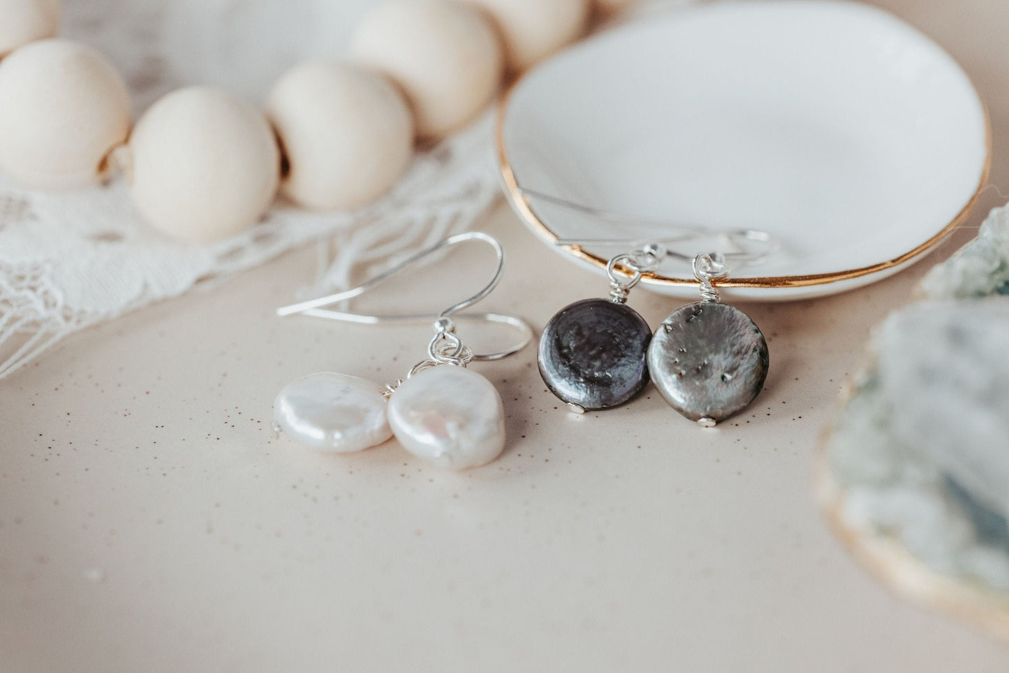 White coin pearl earrings, Bridal earrings