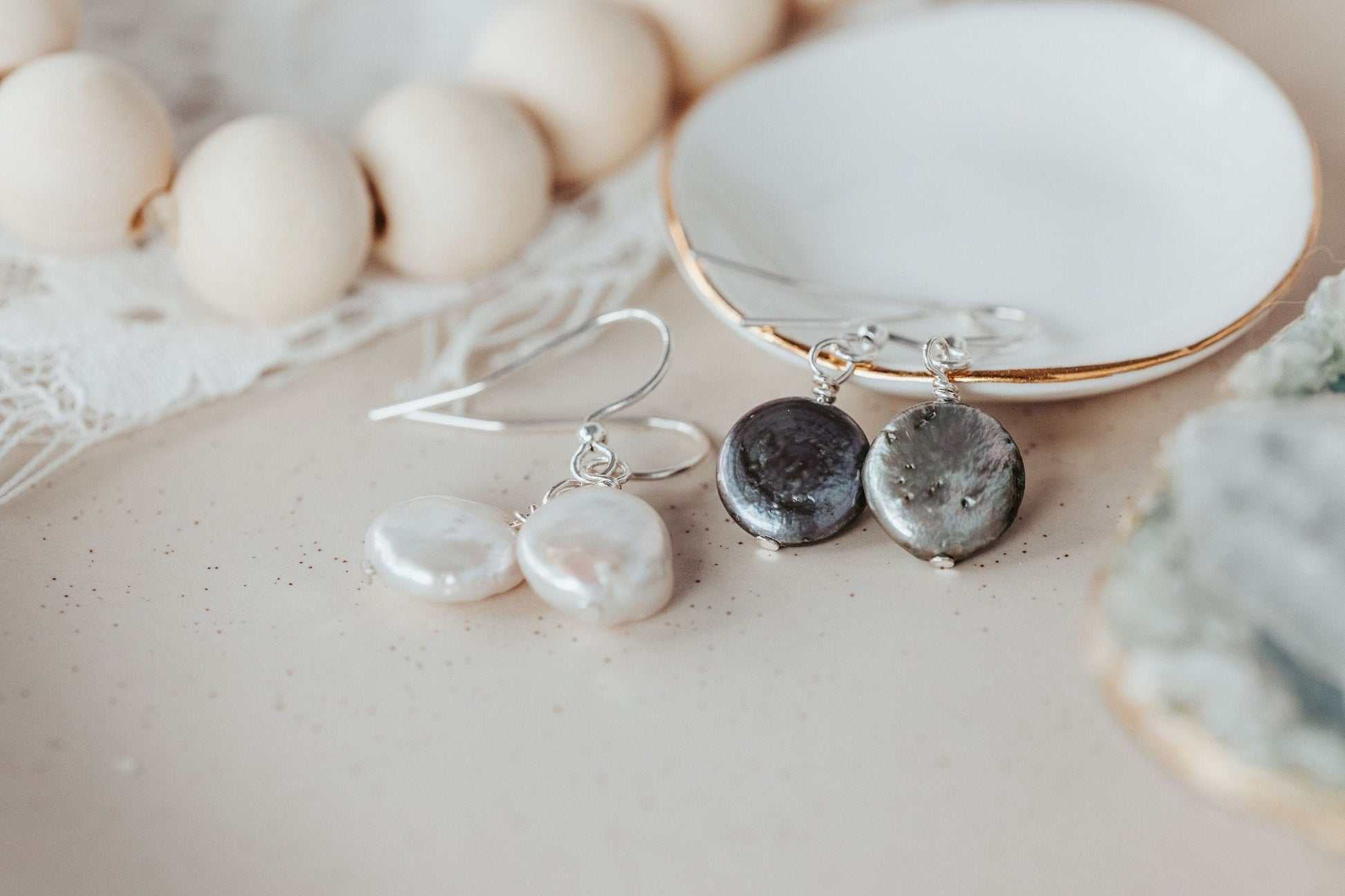 White coin pearl earrings, Bridal earrings