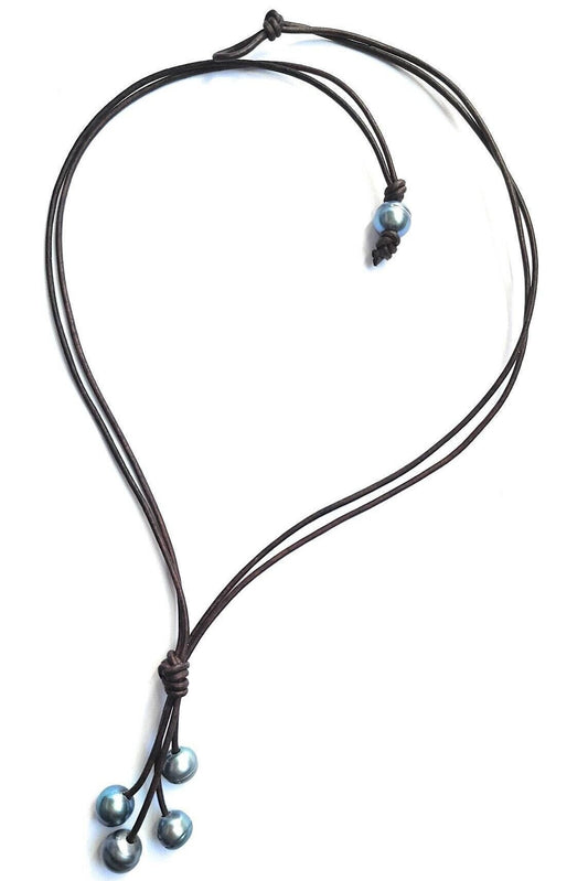 Black Pearl Double Strand Leather Y necklace