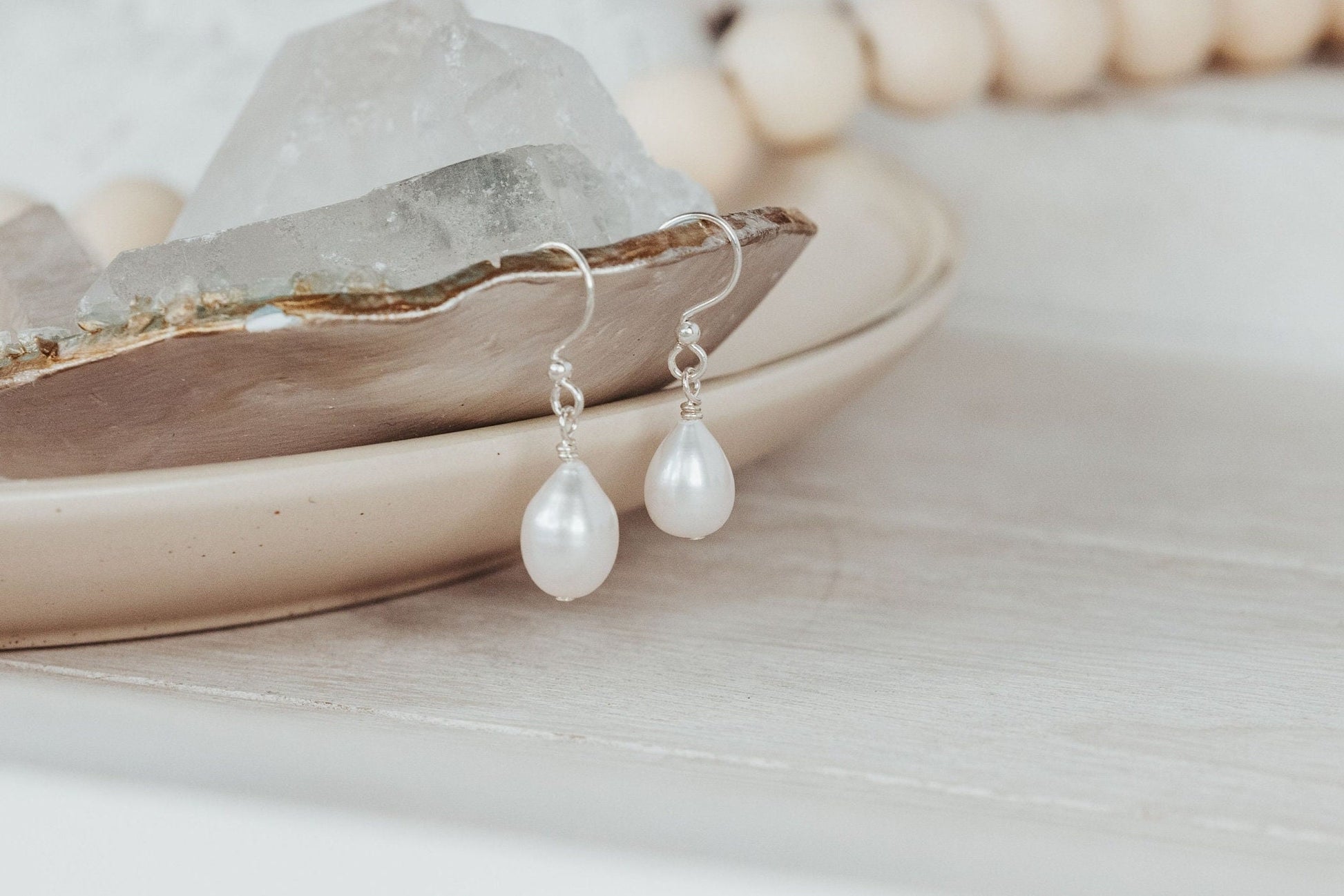 White Pearl Drop Earrings: Sterling Silver Bridal Jewelry