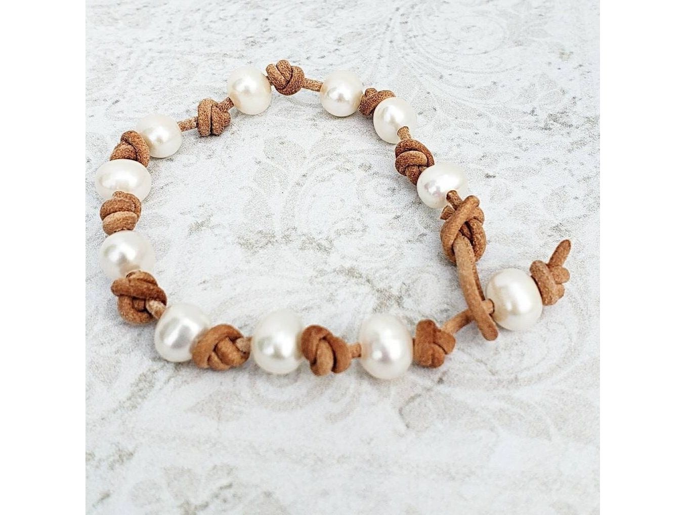 Knotted Leather Pearl Bracelet: Adjustable Tan Bracelet