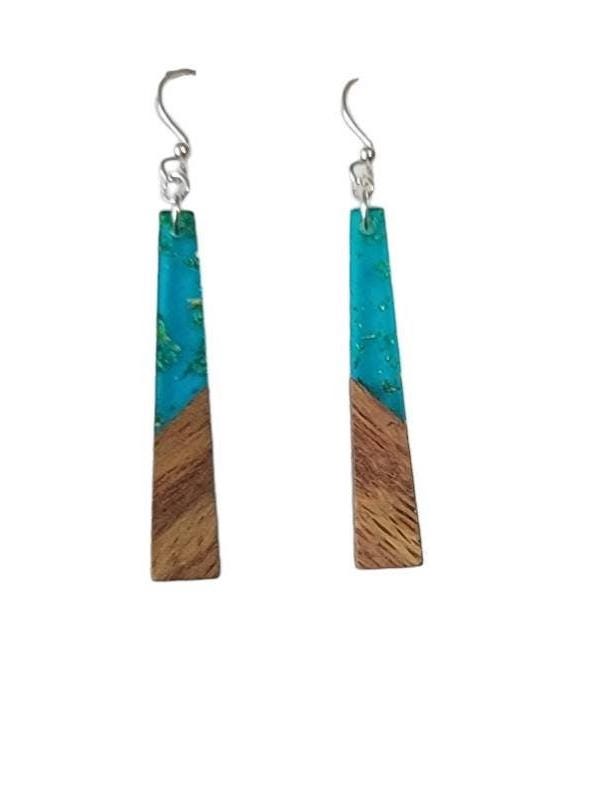 Long Wood Green Resin light weight earrings, hypoallergenic ear wires, Mother's day gift from kids