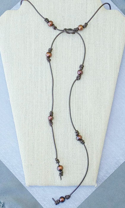 Long pearl station necklace, leather and pearl bracelet, 3rd anniversary gift for wife,