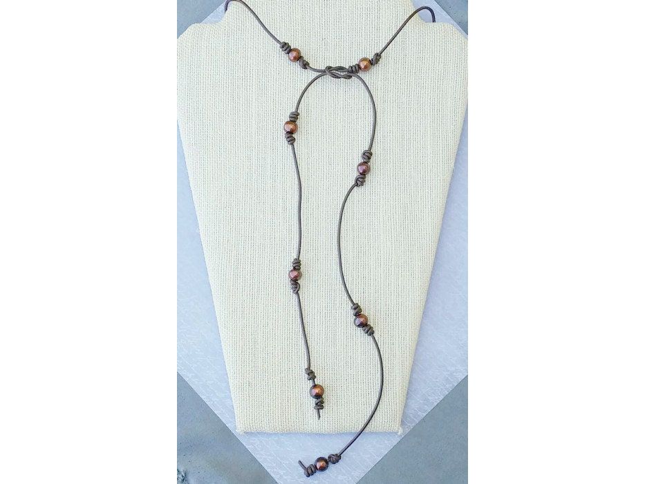 Long pearl station necklace, leather and pearl bracelet, 3rd anniversary gift for wife,