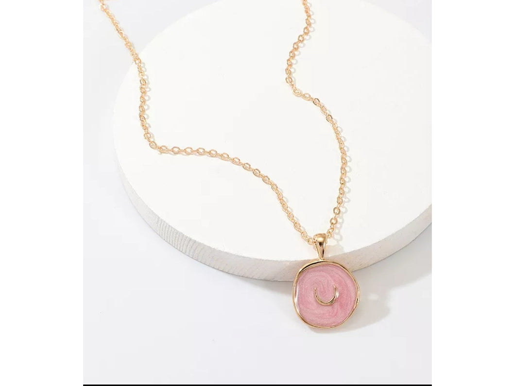 Pink enamel gold moon necklace - The Rustic Boho Chic Jewelry