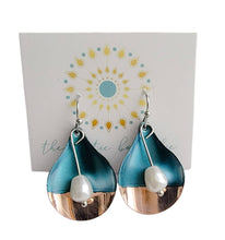 Load image into Gallery viewer, Patina Blue Copper spoon and pearl earrings, Dangly ear drops,
