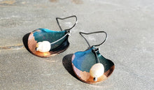Load image into Gallery viewer, Patina Blue Copper spoon and pearl earrings, Dangly ear drops,
