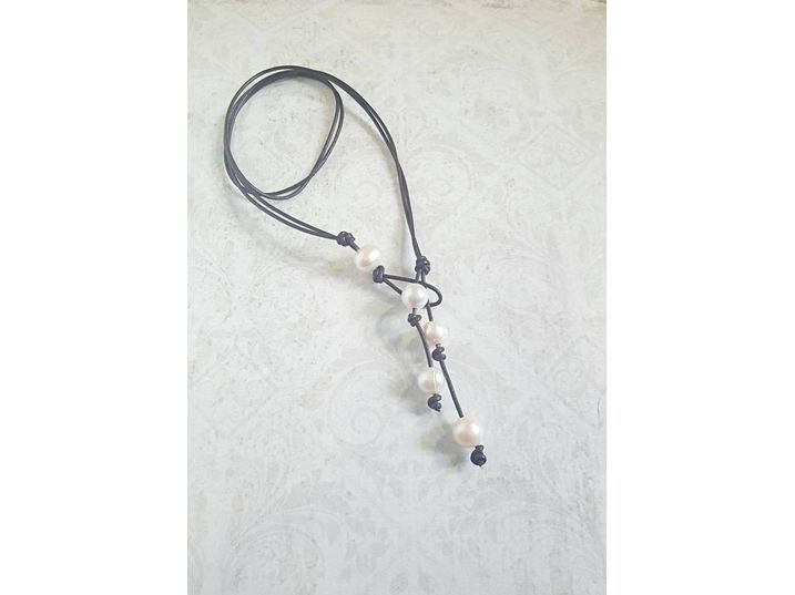 Pearl Y Lariat necklace, leather anniversary gift for woman